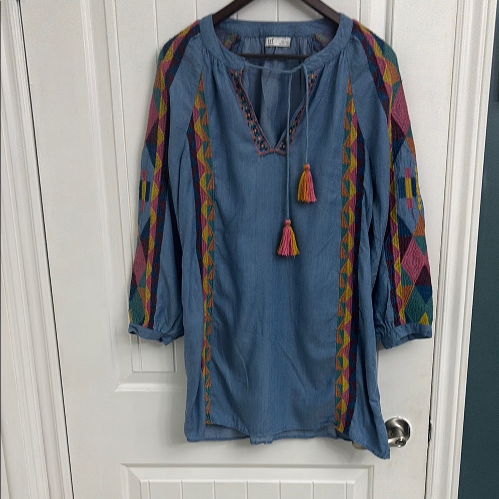 ZARA TRF Bohemian Denim and Embroidered Tunic